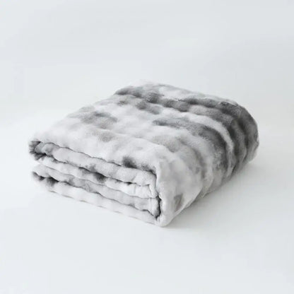 Gray and white tie-dye fuzzy faux fur blanket with soft plush texture perfect as a cozy decorbites fuzzy faux bedroom throw