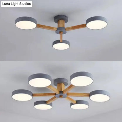 DecorBites™ DecorBites™ Gray Wood Macaron Loft LED Circle Chandelier: Stylish Living Room Hanging Light