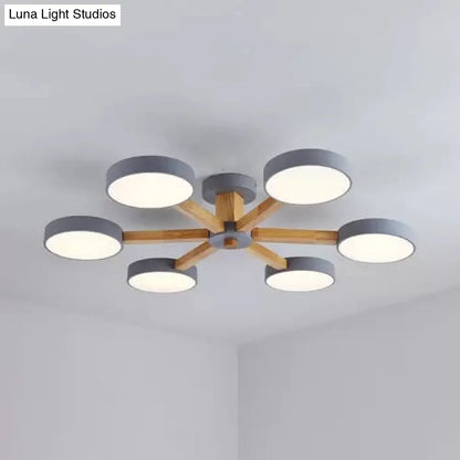 DecorBites™ DecorBites™ Gray Wood Macaron Loft LED Circle Chandelier: Stylish Living Room Hanging Light