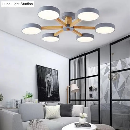 DecorBites™ DecorBites™ Gray Wood Macaron Loft LED Circle Chandelier: Stylish Living Room Hanging Light