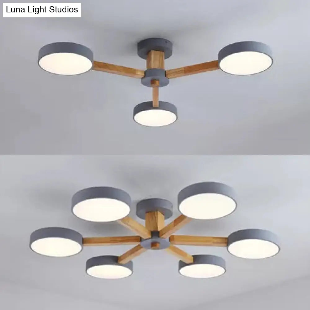 DecorBites™ DecorBites™ Gray Wood Macaron Loft LED Circle Chandelier: Stylish Living Room Hanging Light