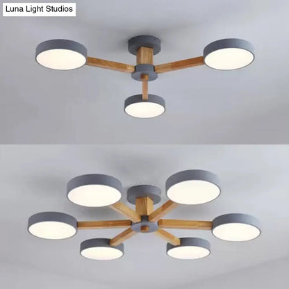 DecorBites™ DecorBites™ Gray Wood Macaron Loft LED Circle Chandelier: Stylish Living Room Hanging Light