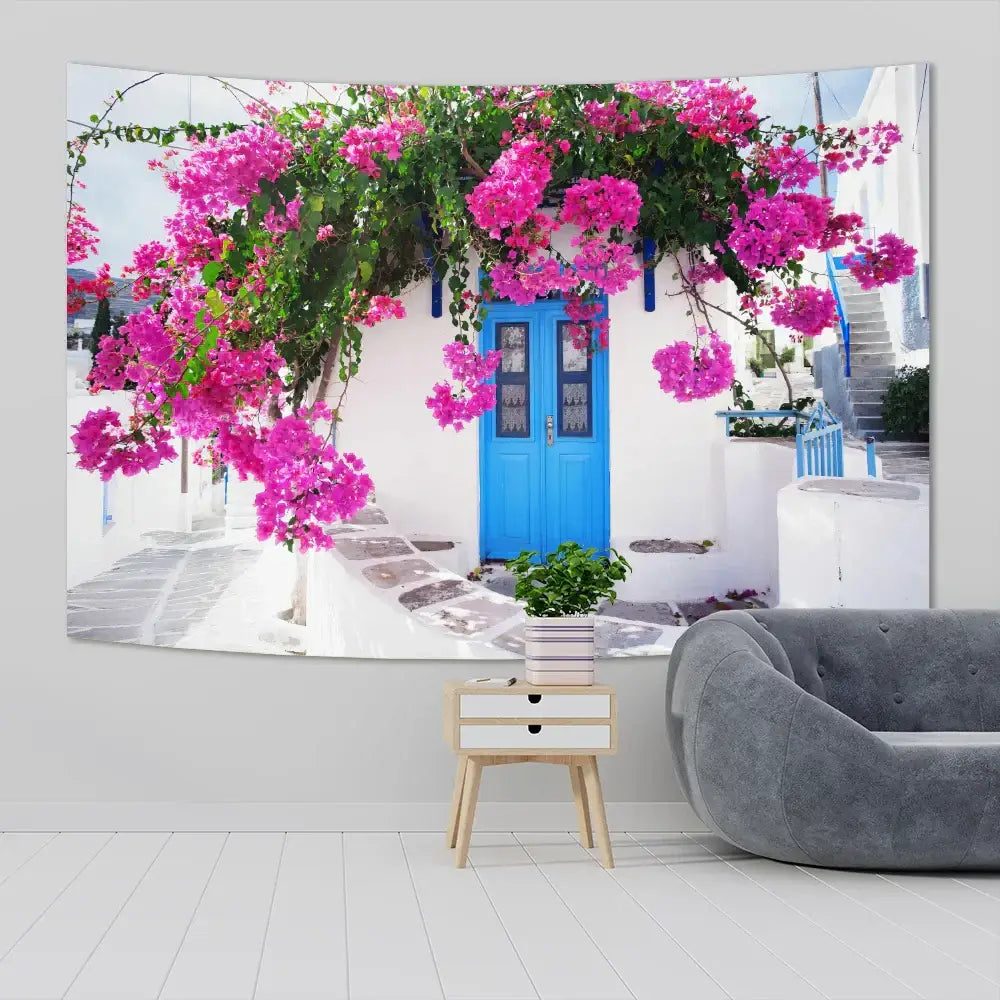 Greece town scenery tapestry sofa blanket featuring vibrant pink bougainvillea over blue door on white wall design