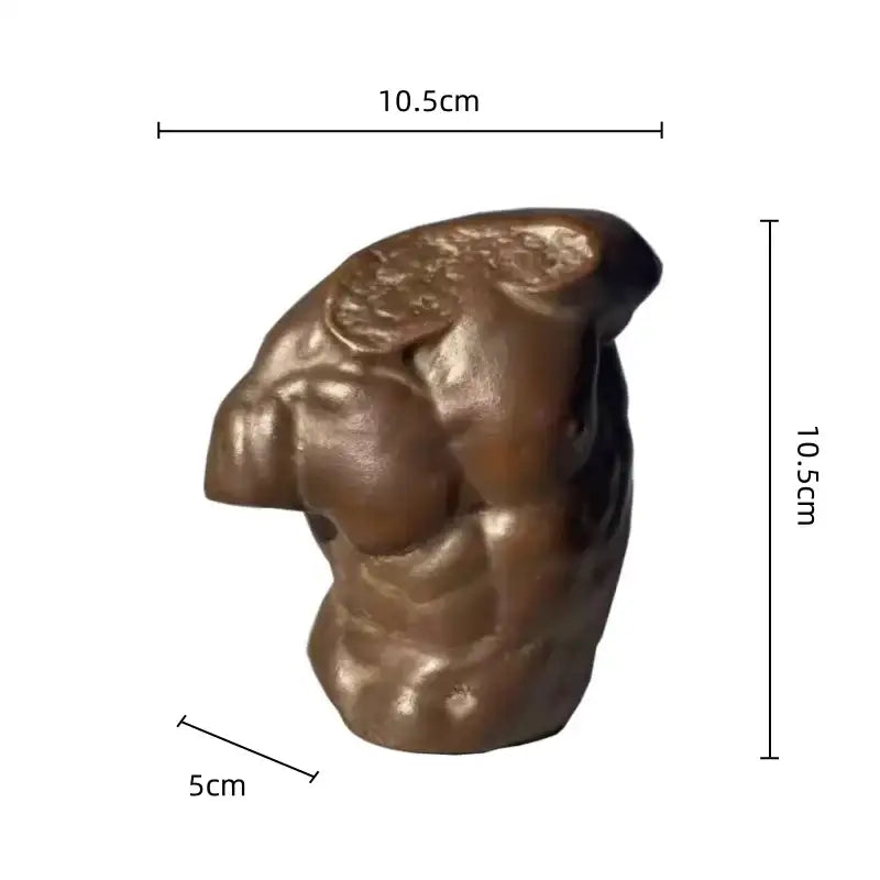 Bronze-colored greek nude human figure bust sculpture showing the intricately detailed back of a muscular human figure