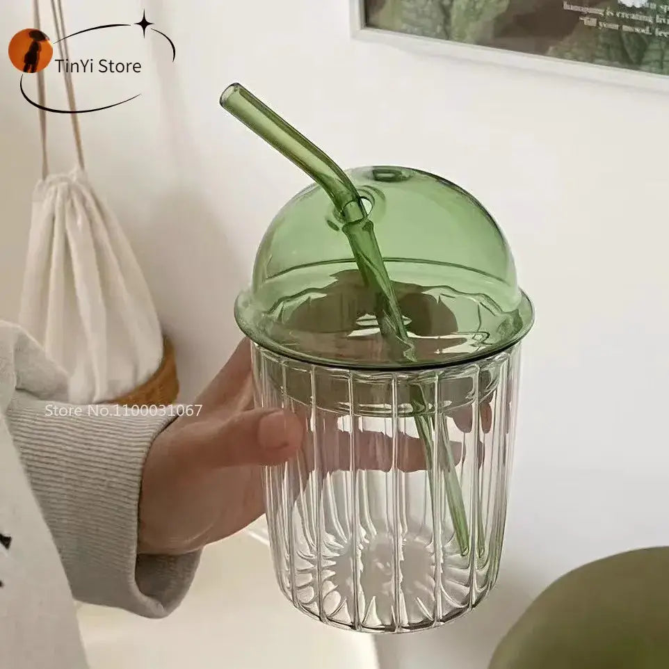Green 450ml striped glass cup with lid and straw featuring vertical ribbed detailing by decorbites kitchen glassware