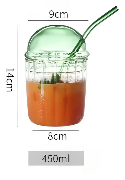 Green 450ml striped glass cup with lid and straw by decorbites designed as a clear glass cup resembling an ice cream sundae