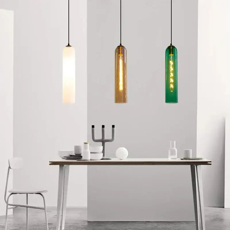 Three cylindrical pendant lights with white amber and green translucent glass nordic pendant light for living room
