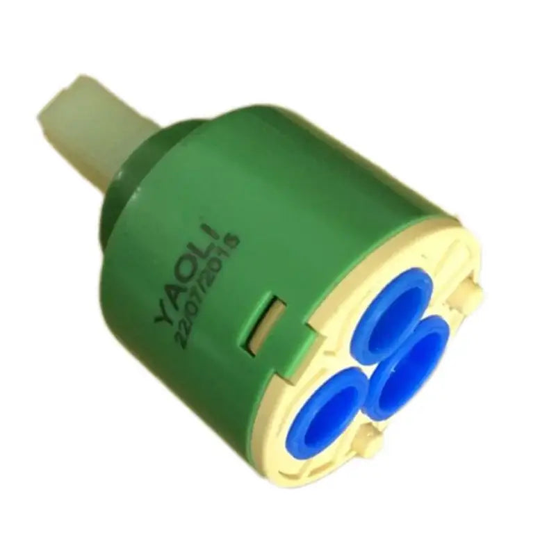 Green and beige 40mm ceramic faucet cartridge with three blue internal ports for kitchen valve replacement