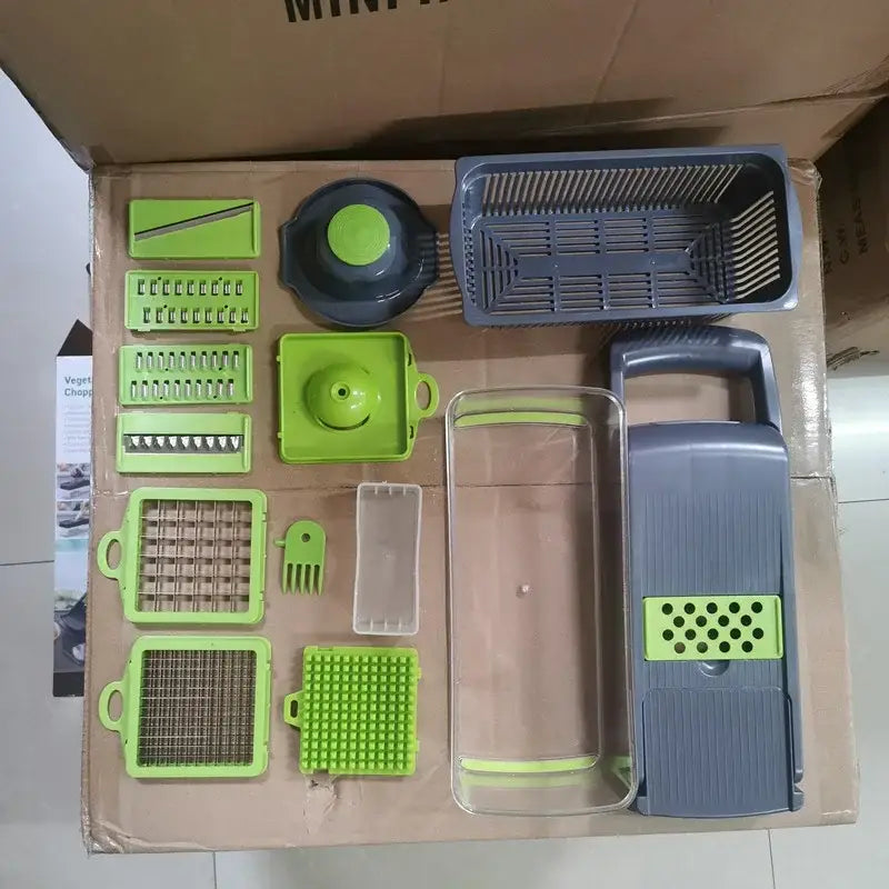Green and gray multi-functional vegetable slicer cutter grater with interchangeable blades and black basket kitchen set
