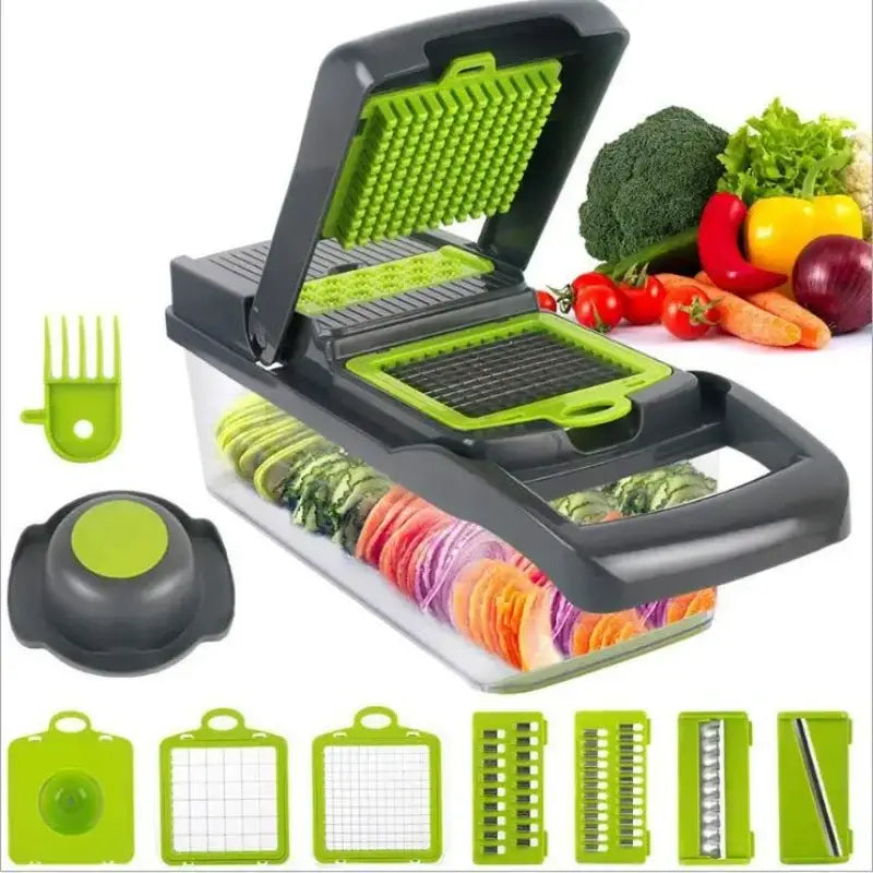 Green and black multi-functional vegetable slicer cutter with interchangeable blades and basket for kitchen use