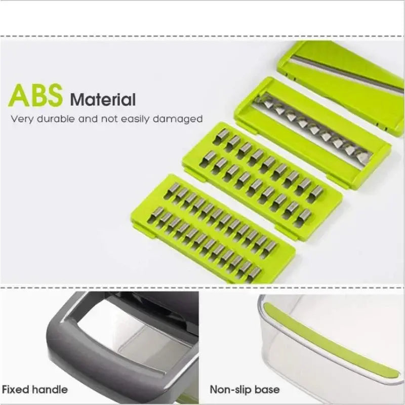 Bright lime green abs plastic vegetable slicer cutter with interchangeable metal blade attachments and black basket