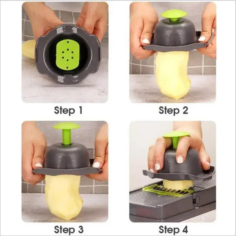 Green and black vegetable slicer cutter grater with basket featuring gray and green potato dicer and adjustable top plate