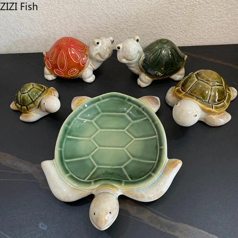 Green and cream ceramic cute turtle statue tray with hexagonal shell pattern for living room decor