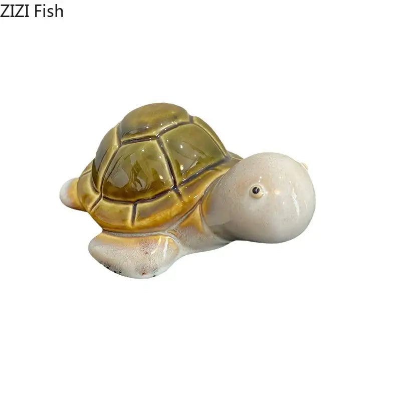 Glossy ceramic cute turtle statue with segmented olive-green shell and creamy white limbs for living room decor