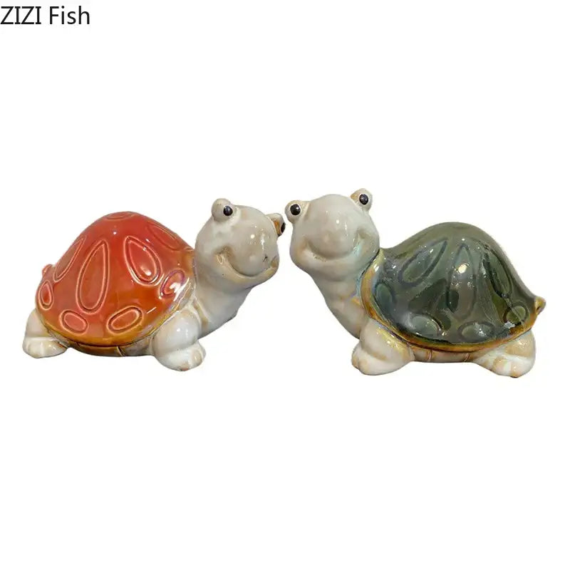 Two ceramic cute turtle statues with glossy orange and green shells for living room decor tray display