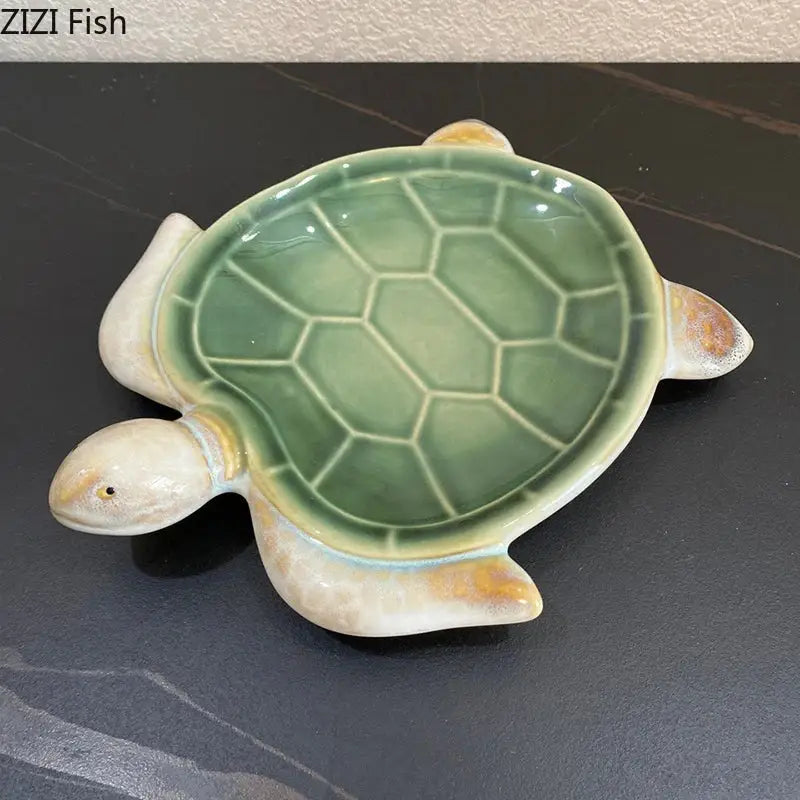 Green and cream ceramic cute turtle statue tray with glossy finish for living room decor and display use