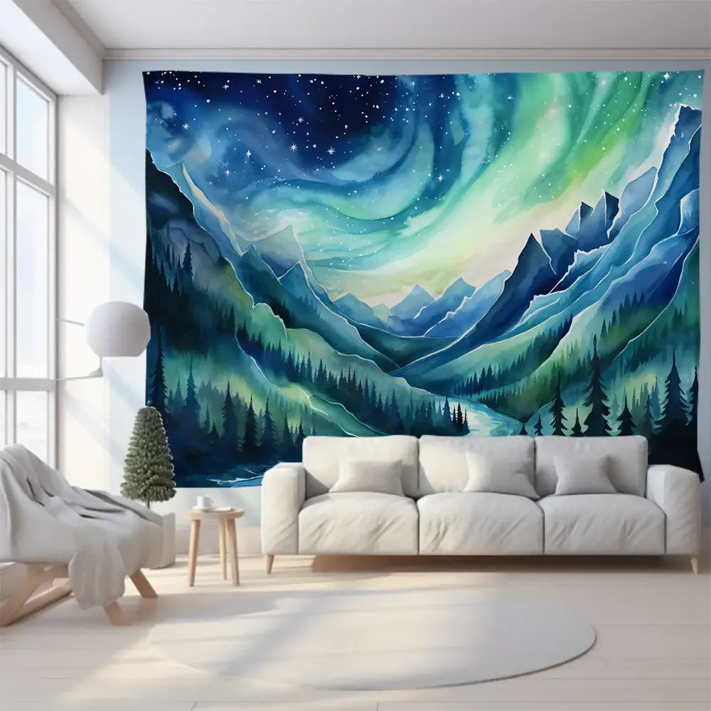 Green and purple mountain tapestry forest aurora featuring blue and green aurora borealis with pine trees for wall art