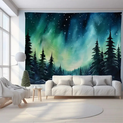 A vibrant green mountain tapestry forest aurora featuring teal and purple hues with silhouetted pine trees for bedroom wall art