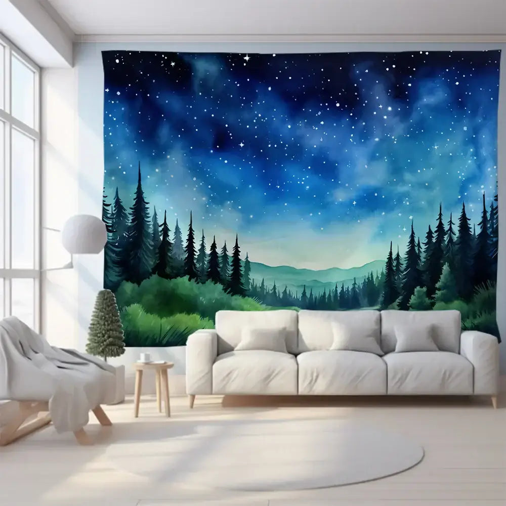 Green and purple mountain tapestry forest aurora with deep blues and silhouetted evergreens for bedroom wall art