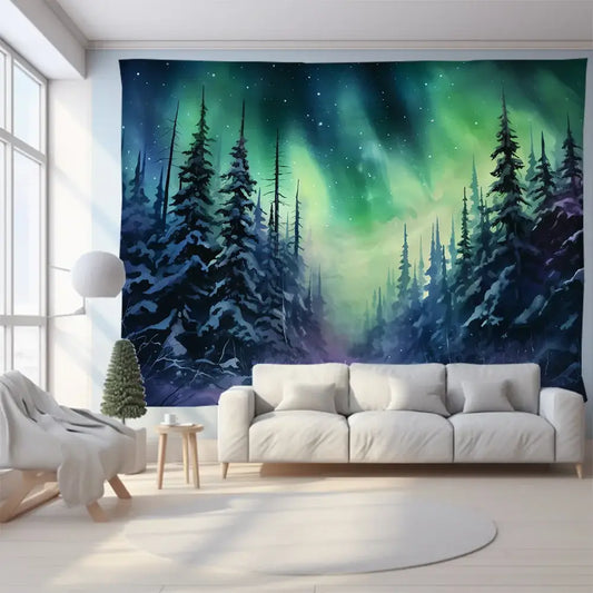 A large rectangular green mountain tapestry depicting purple aurora borealis over snowy forest for bedroom wall art