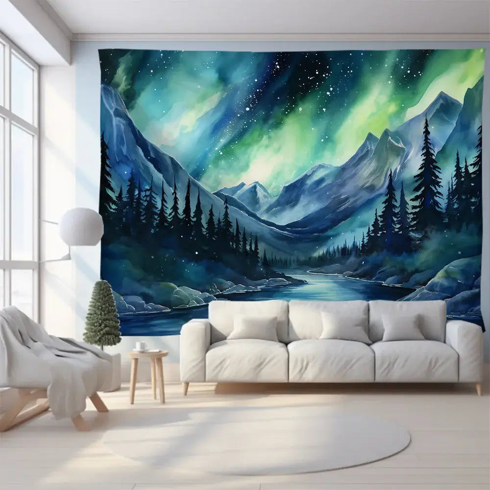 Green mountain tapestry featuring a forest aurora with snow-capped mountains and river for bedroom wall art