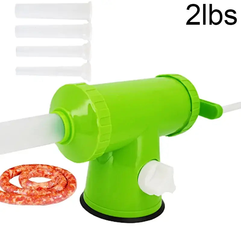 Bright green and white 2lbs plastic sausage maker with funnel tubes and black suction base kitchen tool