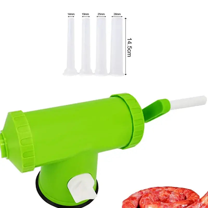 Bright green and white 2lbs plastic sausage maker with funnel tubes and suction base for stability kitchen tool