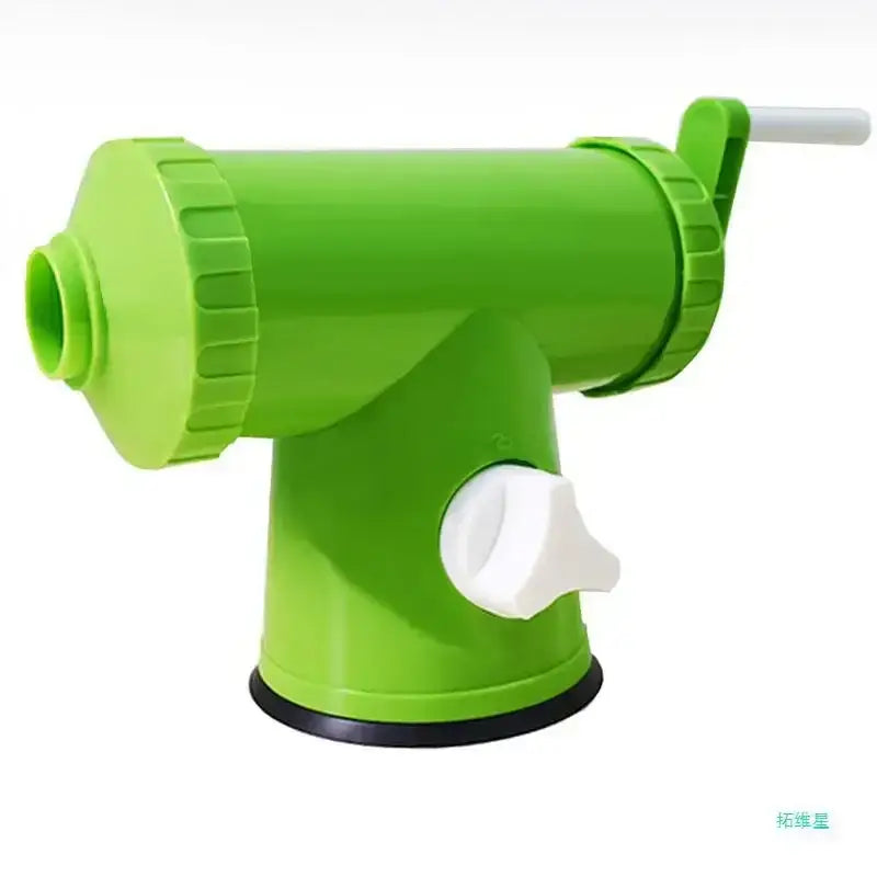 Bright green and white 2lbs plastic sausage maker with funnel tubes hand crank and black suction base for kitchen use