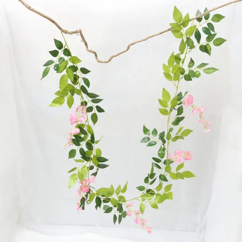 Green and white decorbites artificial flowers vine with vibrant leaves and pink blossoms for garden wedding arch decor