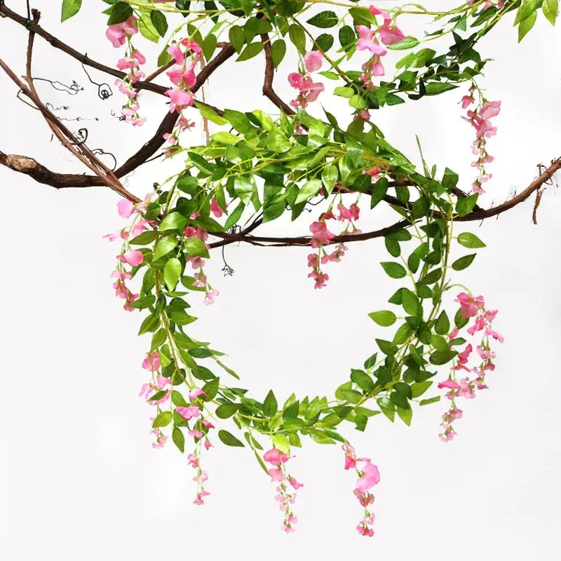 Green and white decorbites artificial flowers garden arch featuring pink artificial wisteria vine with green leaves decor