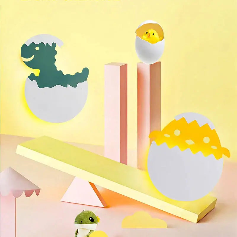 Pastel yellow paper cutout dinosaur hatching on seesaw in green and white decorbites dino egg led wall lamp night light