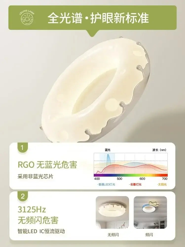 Cream-colored decorbites doughnut ceiling light with frosted glass and scalloped edge for bedroom eye protection