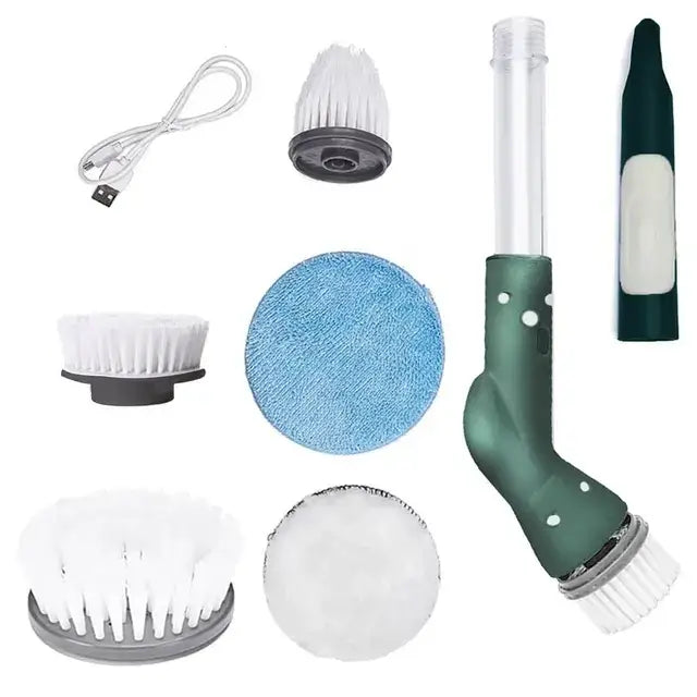 Green-handled electric spin cleaner with white bristles and clear plastic attachment for multi-surface cleaning tasks