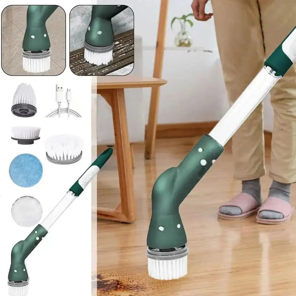 Green and white electric spin cleaner floor brush with white bristles and interchangeable cleaning heads for kitchen use