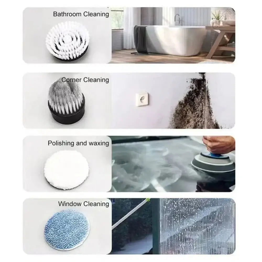 Green and white electric spin cleaner with multi-functional interchangeable heads for bathroom polishing and window cleaning