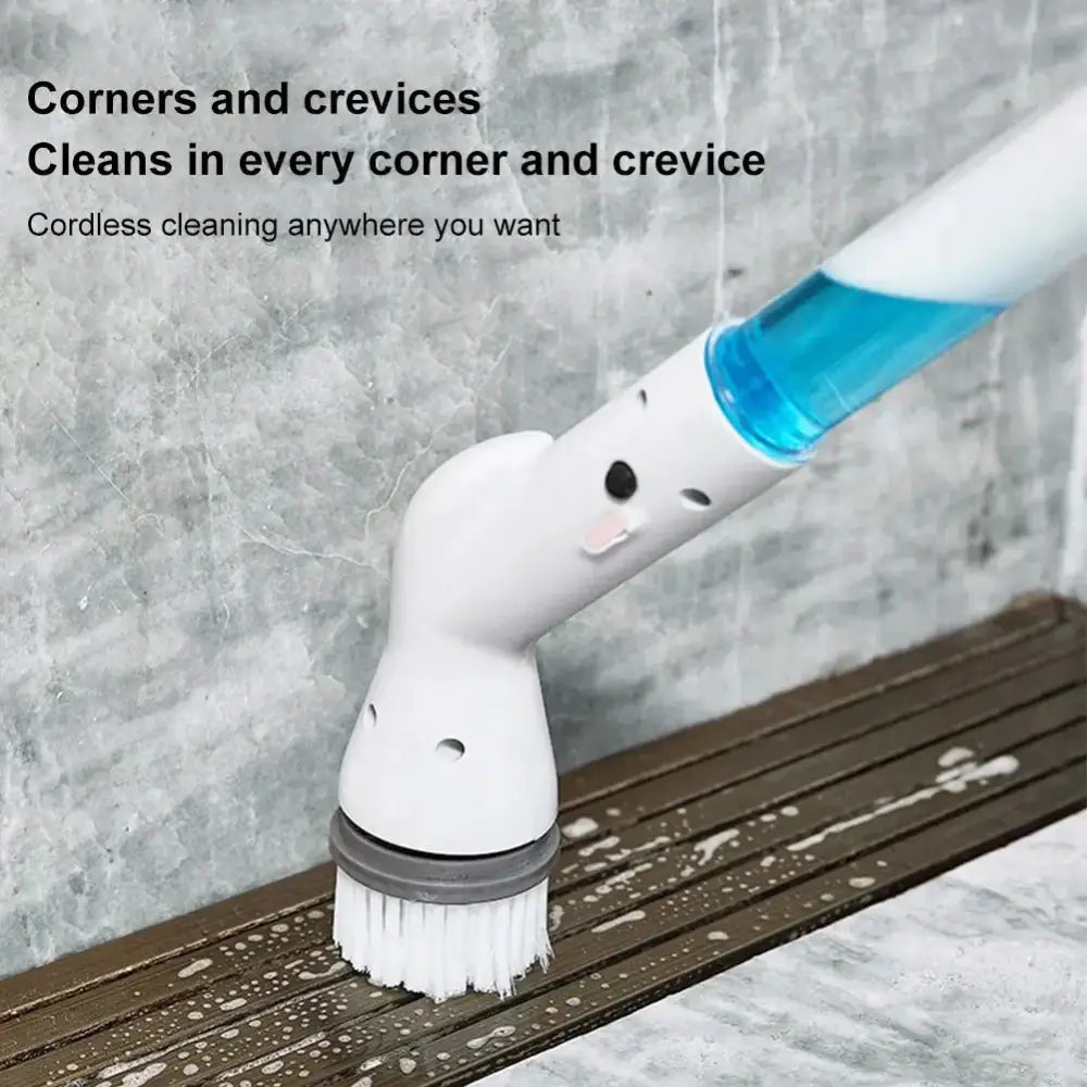 White cordless electric spin cleaner brush with soft bristles and blue liquid reservoir for kitchen floor scrubbing