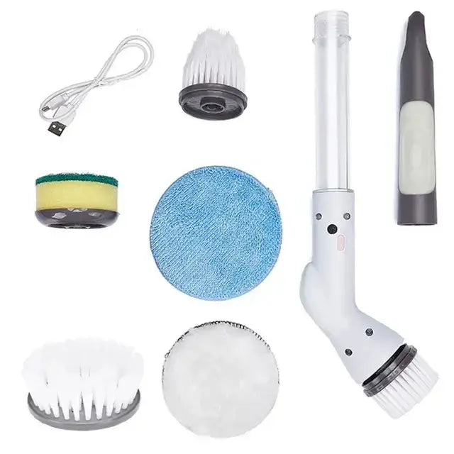 White electric spin cleaner with interchangeable brush attachments and usb charging cable for versatile cleaning