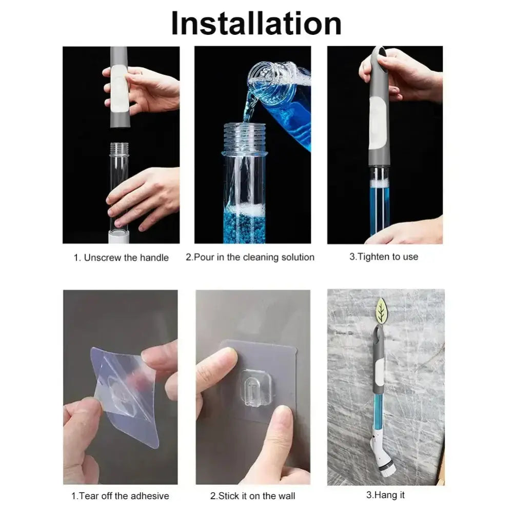 Gray and white handle with transparent cleaning solution bottle for easy wall attachment on green and white electric spin cleaner