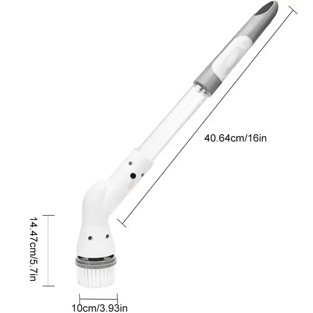 White and gray electric spin cleaner with transparent handle and ergonomic design for easy grip and kitchen floor scrubbing