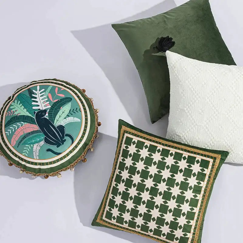 Green velvet round cushion cover with black cat embroidery and gold trim for decorbites geometric tufted embroidery decor