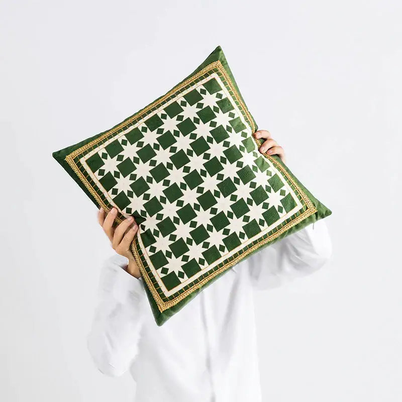 Deep green velvet cushion cover with cream and gold decorbites geometric tufted embroidery for living room decor