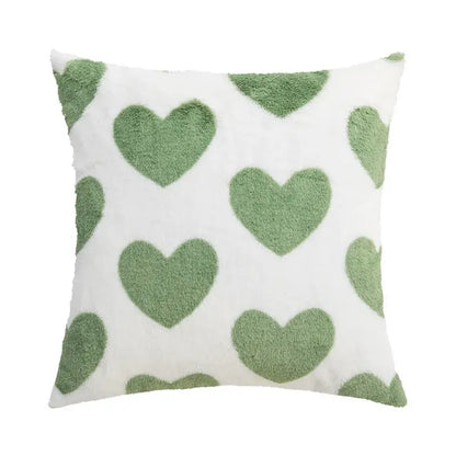 White throw pillow cushion cover with soft fuzzy sage green heart patterns decorbites geometric tufted embroidery design