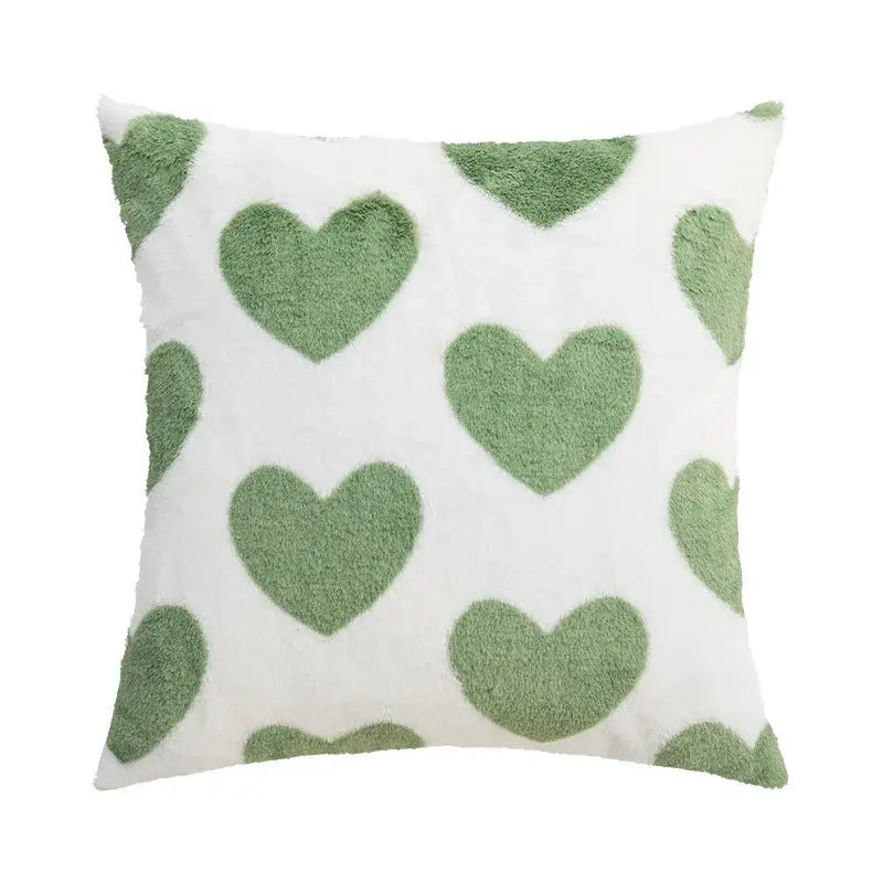 White throw pillow cushion cover with soft fuzzy sage green heart patterns decorbites geometric tufted embroidery design