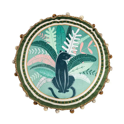 Round plush cushion cover with black panther and tropical foliage in teal pink olive green border decorbites geometric tufted embroidery