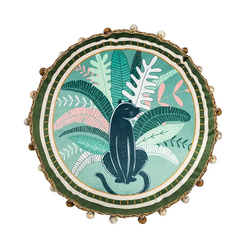 Round plush cushion cover with black panther and tropical foliage in teal pink olive green border decorbites geometric tufted embroidery