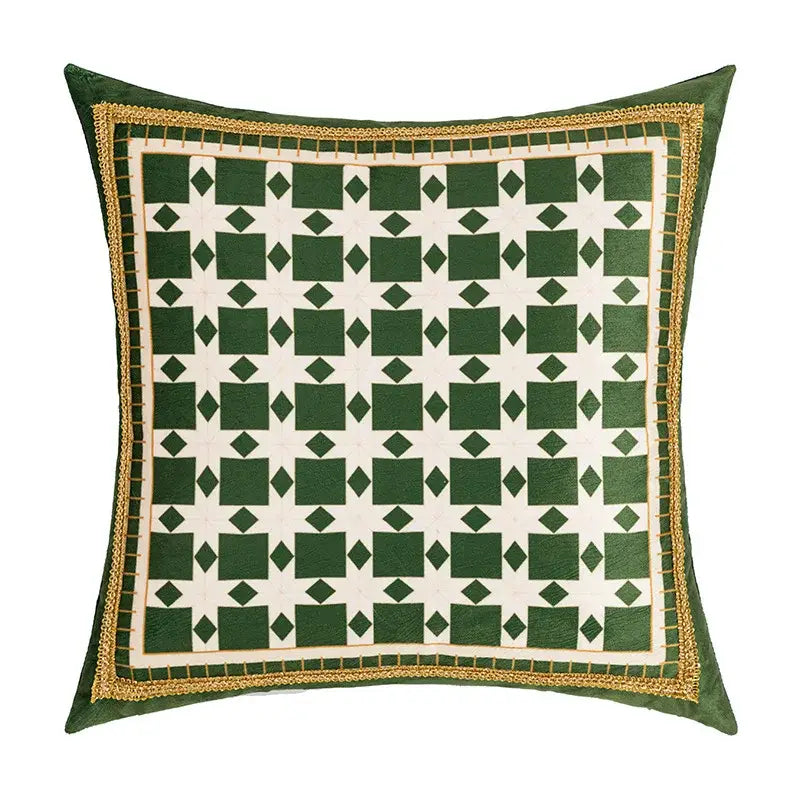 Square green and white geometric tufted embroidery cushion cover with gold-trimmed edges for living room decorbites decor