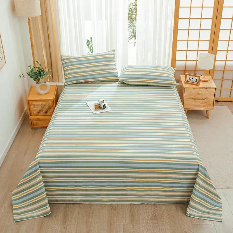 Stripped bedspread in soft mint green pale yellow and beige horizontal stripes printed cotton bedspread for decorbites cartoon printed collection