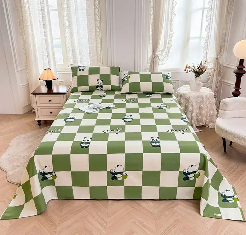 Green and white cartoon printed cotton bedspread featuring playful panda illustrations for bedroom decorbites decor