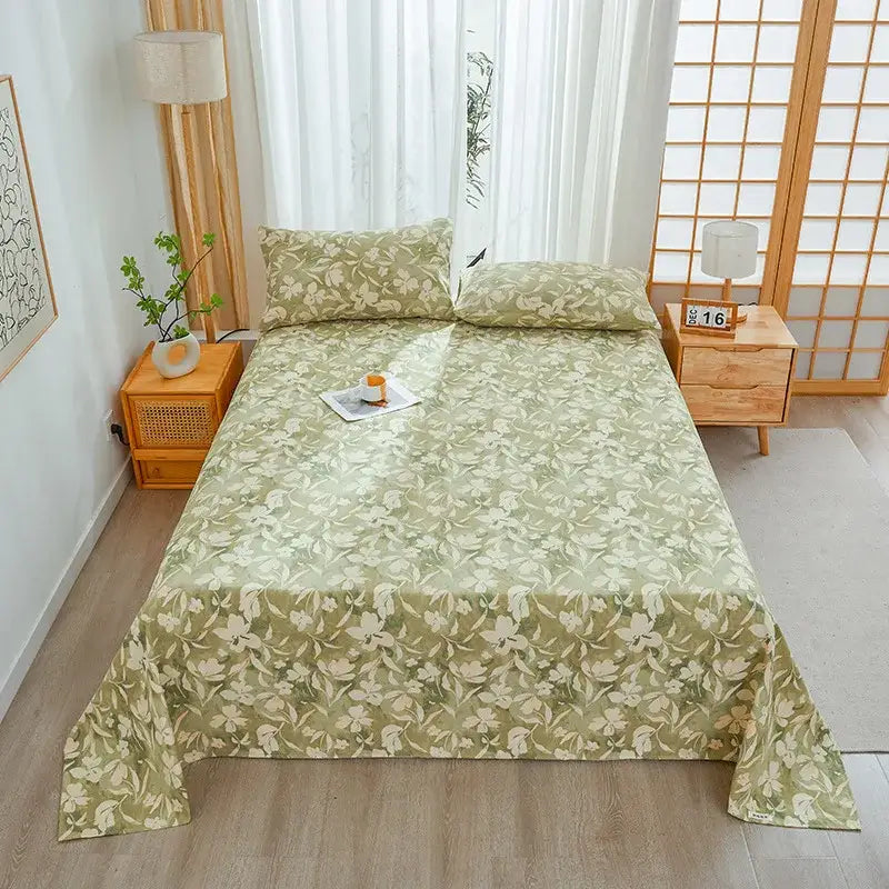 Olive green floral decorbites cartoon printed cotton bedspread with white blossoms and leaf patterns for bedroom decor