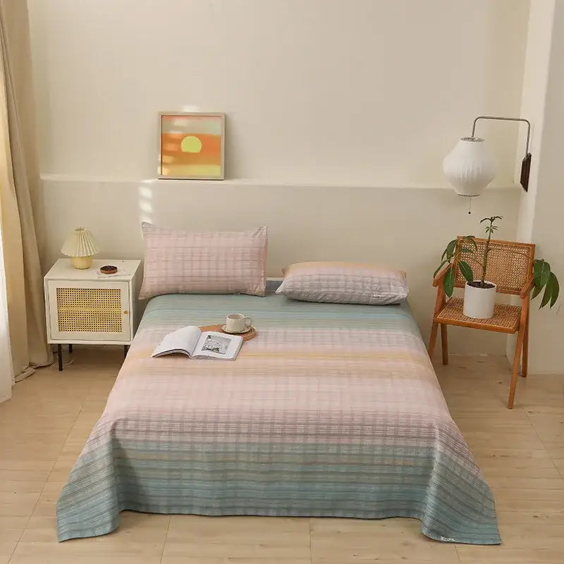 Pastel gradient striped bedspread with subtle checkered pattern in green and white decorbites cartoon printed cotton bedspread